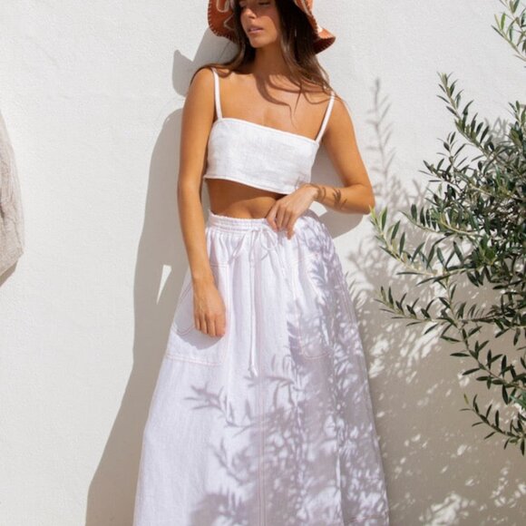 VRG Grl Dresses & Skirts - VRG GRL Cariño Linen Midi Skirt and Cariño Linen Crop Top // White US Size 8 NWT
